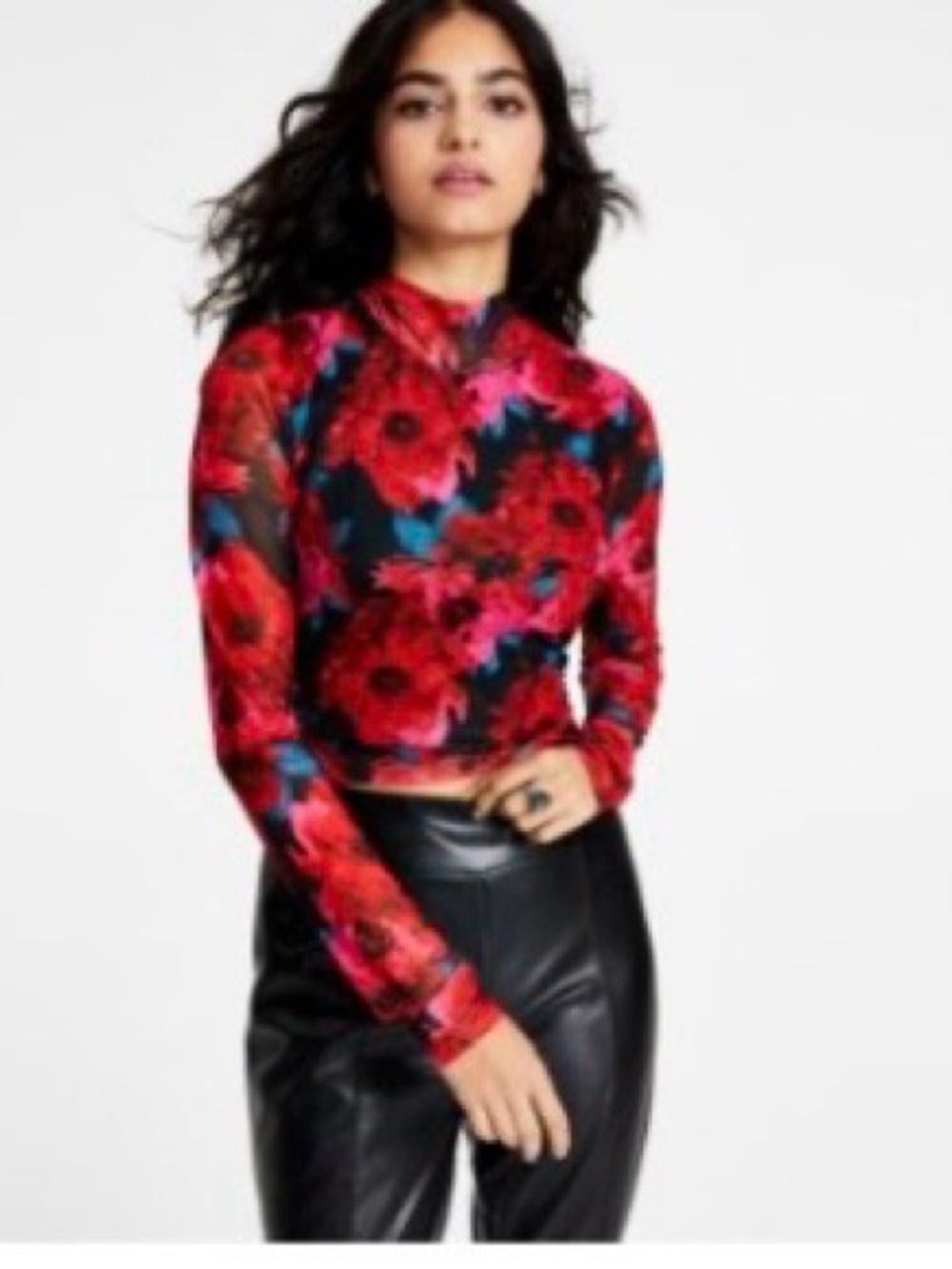 Bar III Red Floral Mock-Neck Long-Sleeve Crop Top Back Tie | EUC